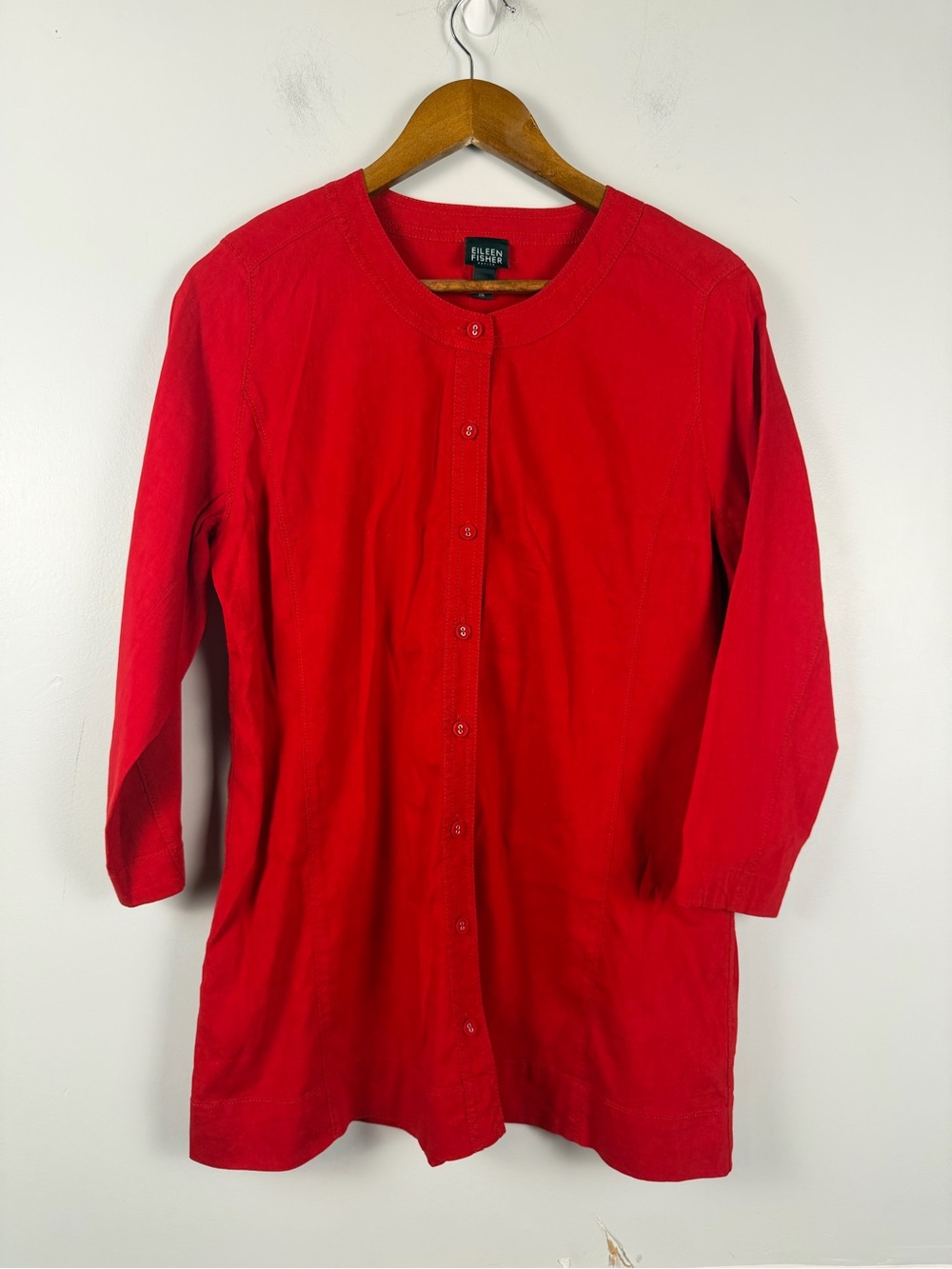 Eileen fisher red linen blend button down tunic top 3/4 length sleeves size PM
